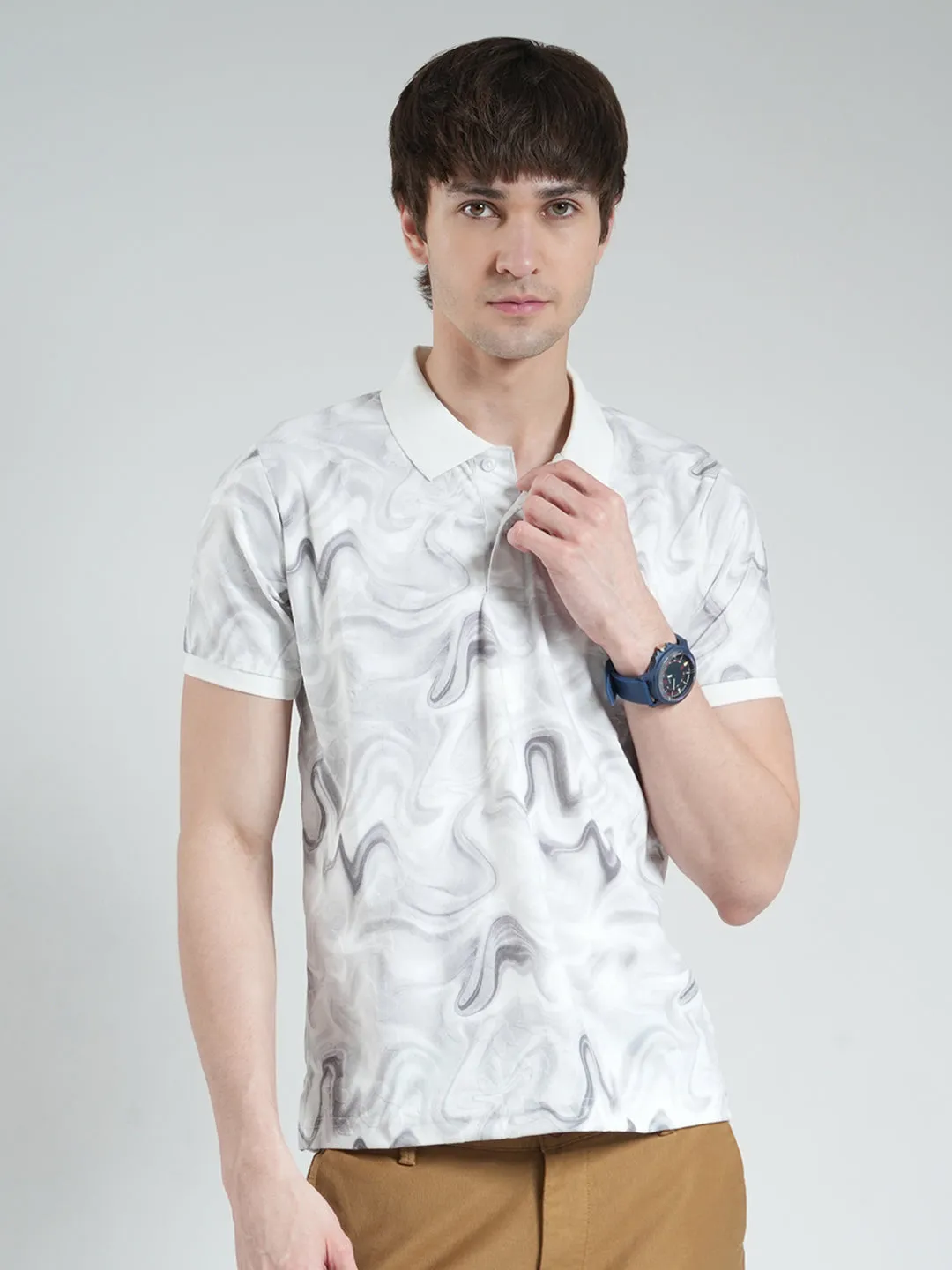 Men Grey Printed Collar Half Sleeve T-Shirt sold by Monte Carlo