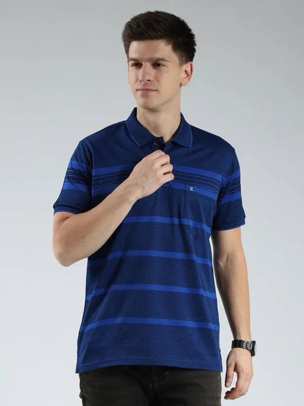 Luxuria Men Navy Blue Stripe Collar Half Sleeve T-Shirt made by Monte Carlo