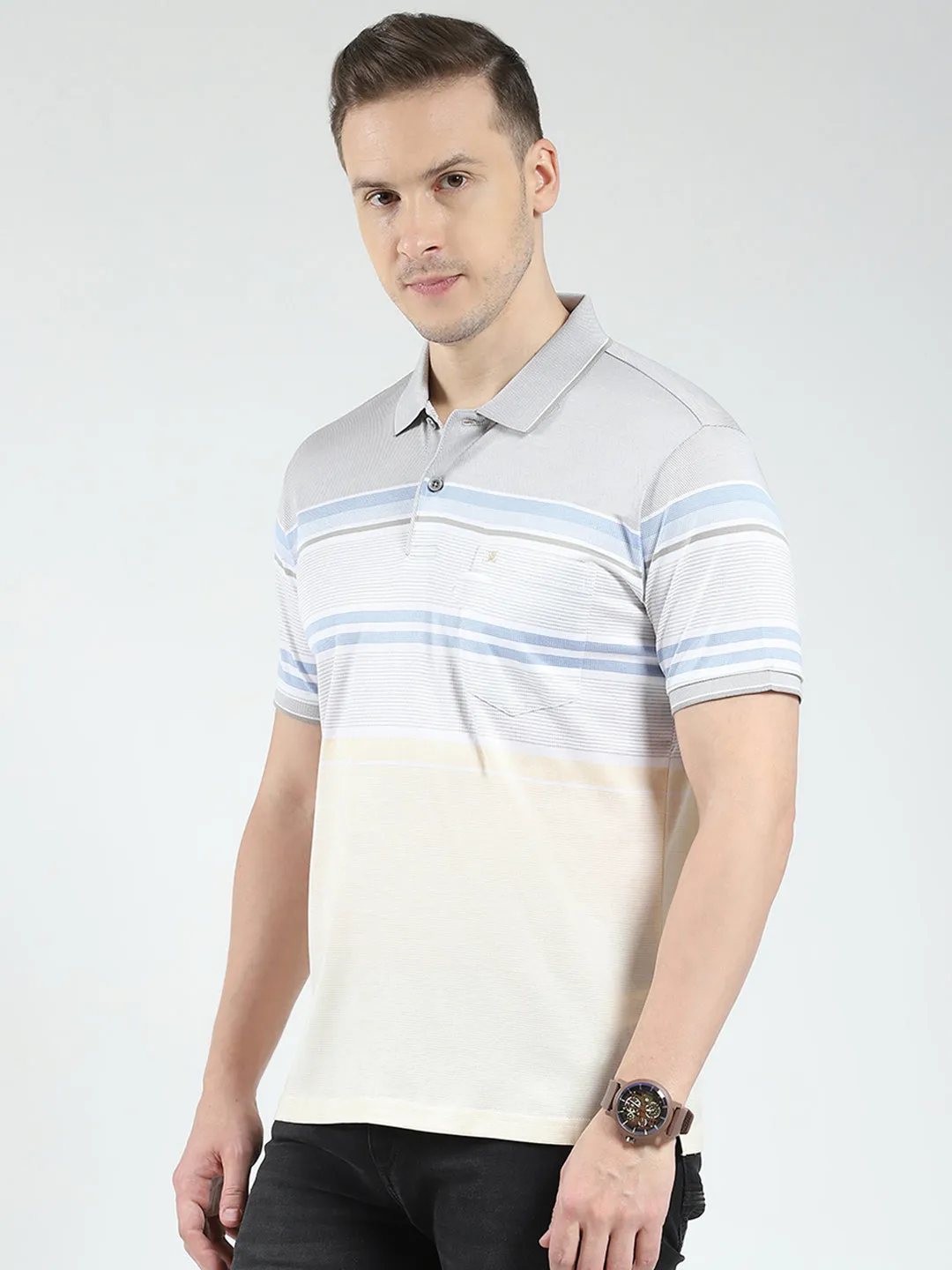 Luxuria Men Grey Stripe Collar Half Sleeve T-Shirt sold by Monte Carlo product image thumbnail 3