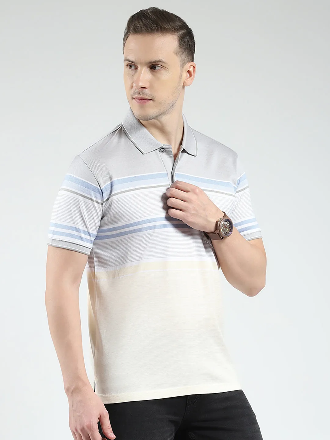 Luxuria Men Grey Stripe Collar Half Sleeve T-Shirt sold by Monte Carlo product image thumbnail 4