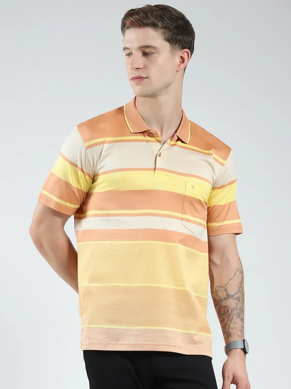 Luxuria Men Orange Stripe Collar Half Sleeve T-Shirt made by Monte Carlo