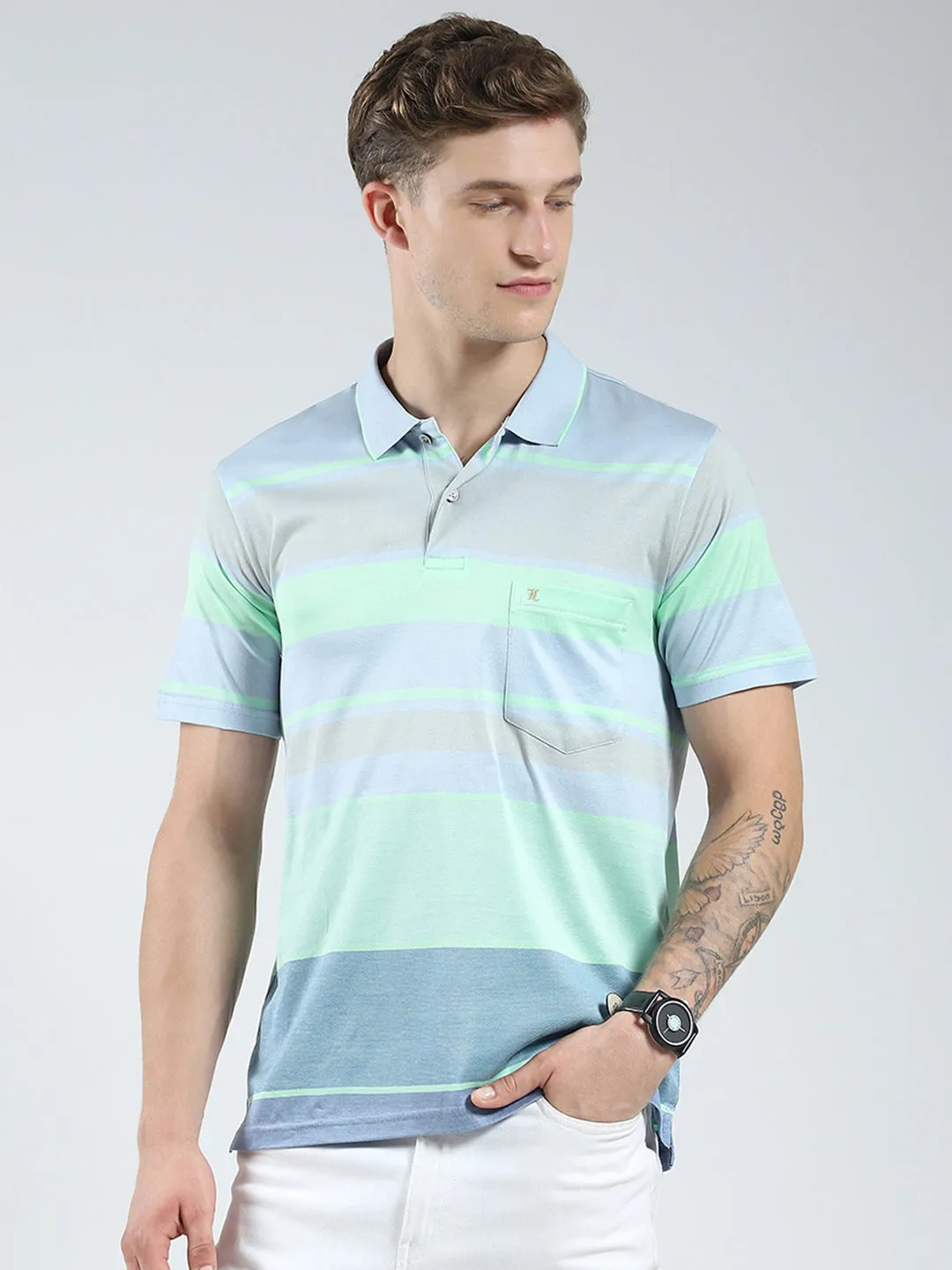 Luxuria Men Blue Stripe Collar Half Sleeve T-Shirt sold by Monte Carlo