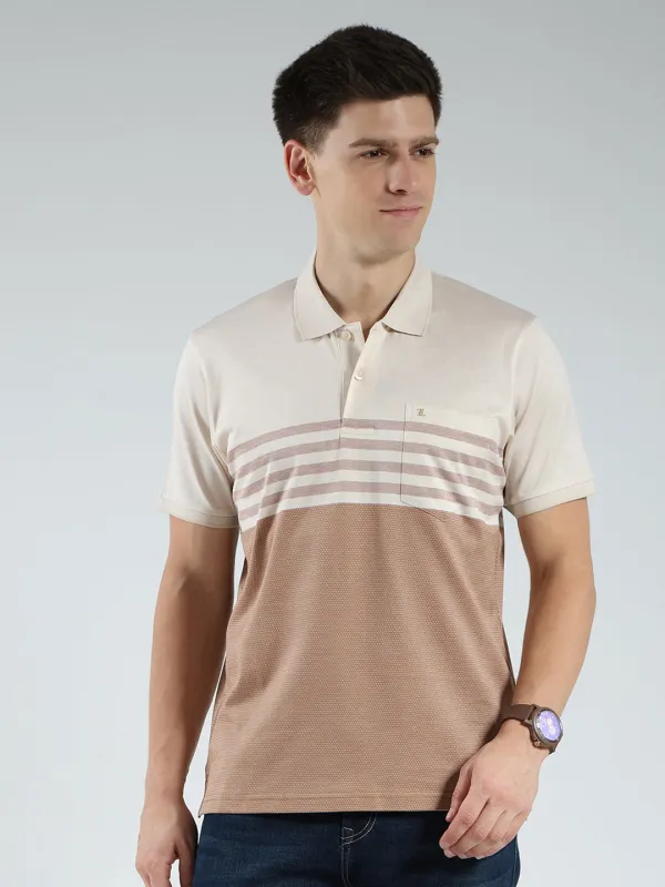 Luxuria Men Beige Stripe Collar Half Sleeve T-Shirt made by Monte Carlo