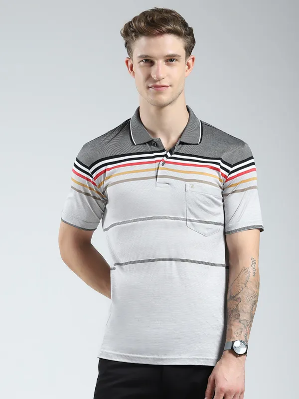 Luxuria Men Grey Stripe Collar Half Sleeve T-Shirt made by Monte Carlo