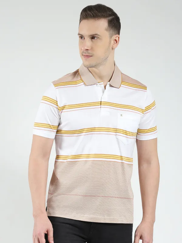 Luxuria Men Beige Stripe Collar Half Sleeve T-Shirt made by Monte Carlo