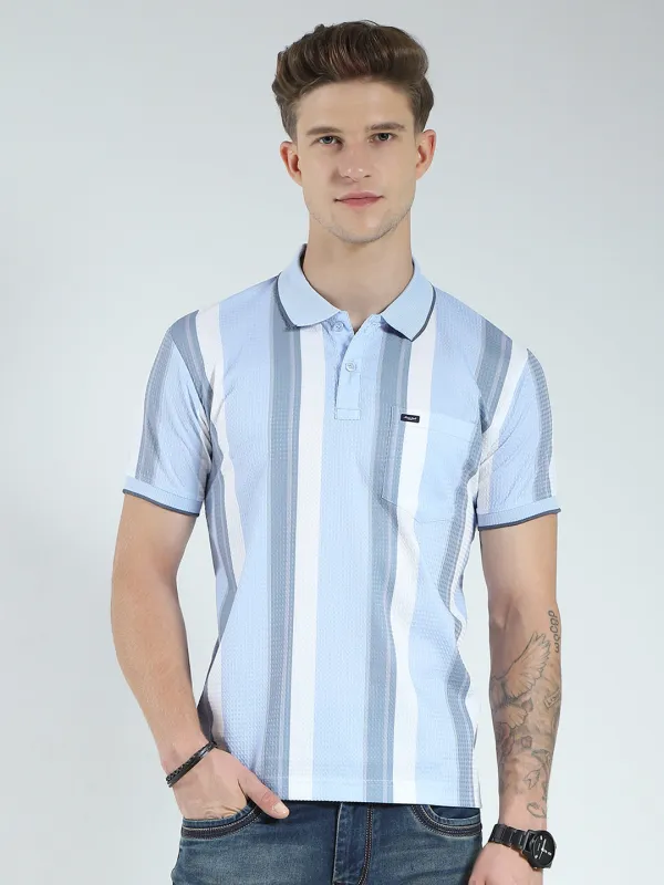 Men Blue Stripe Collar Half Sleeve T-Shirt made by Monte Carlo