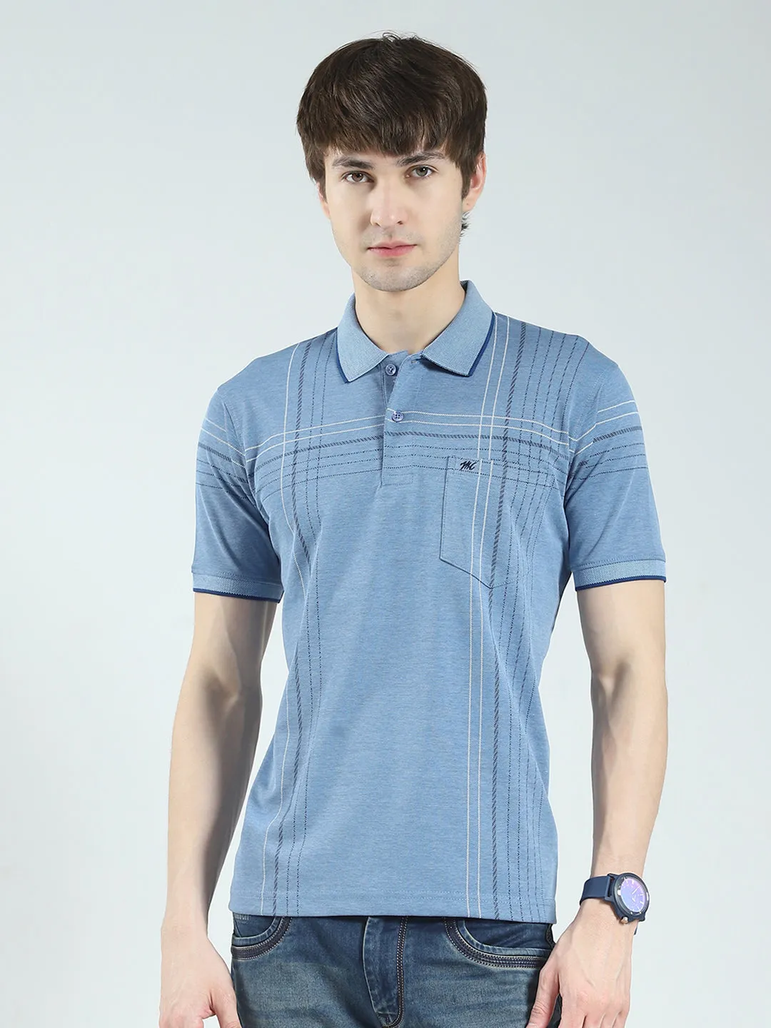 Men Blue Printed Collar Half Sleeve T-Shirt sold by Monte Carlo