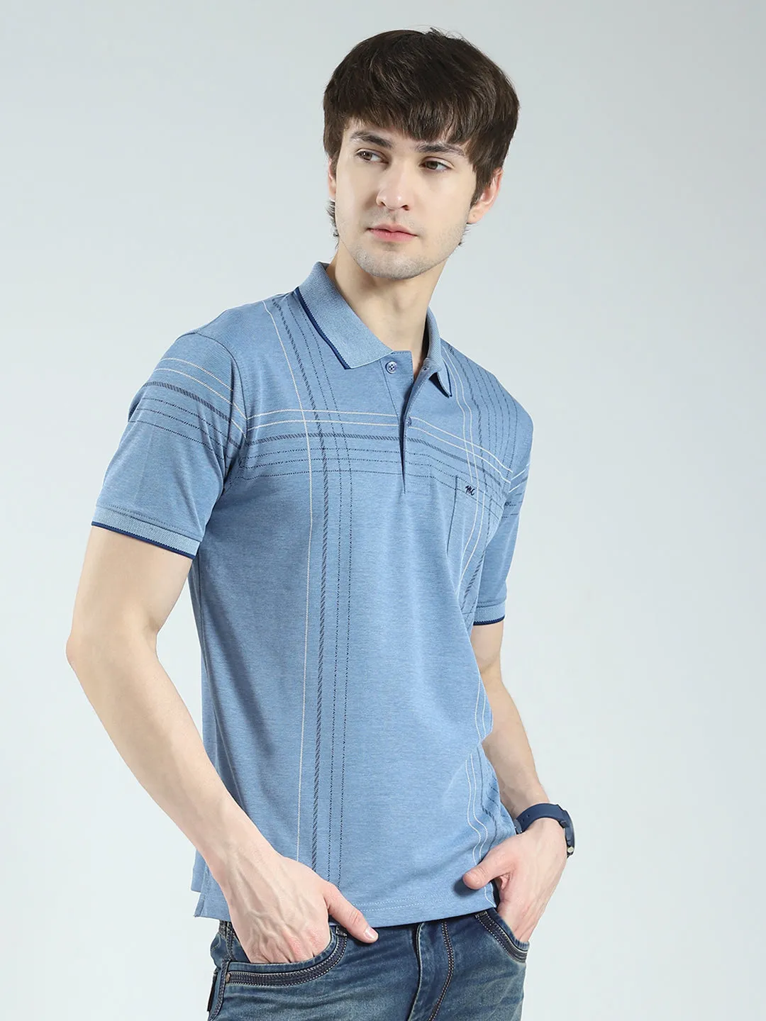 Men Blue Printed Collar Half Sleeve T-Shirt sold by Monte Carlo product image thumbnail 4