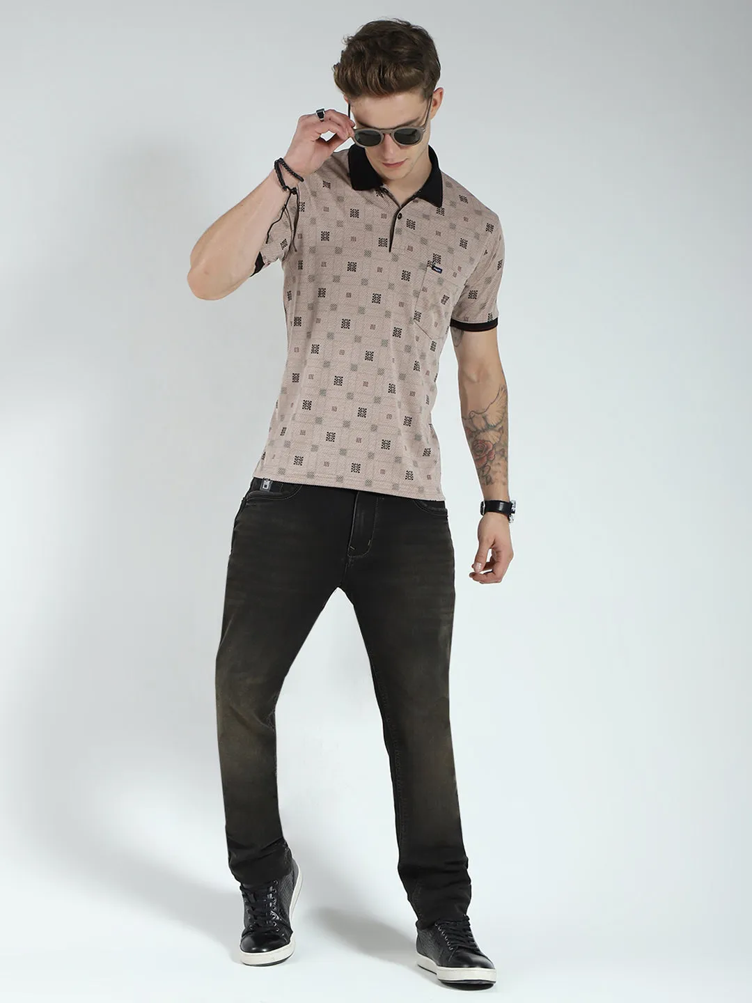 Men Beige Printed Collar Half Sleeve T-Shirt sold by Monte Carlo product image thumbnail 2