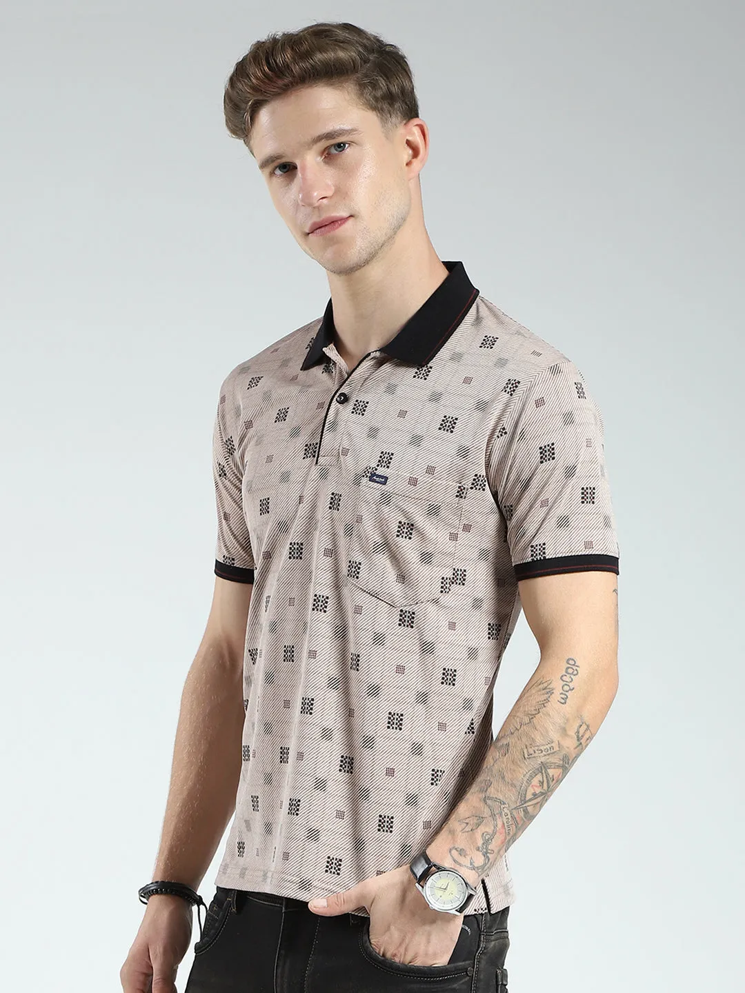 Men Beige Printed Collar Half Sleeve T-Shirt sold by Monte Carlo product image thumbnail 3