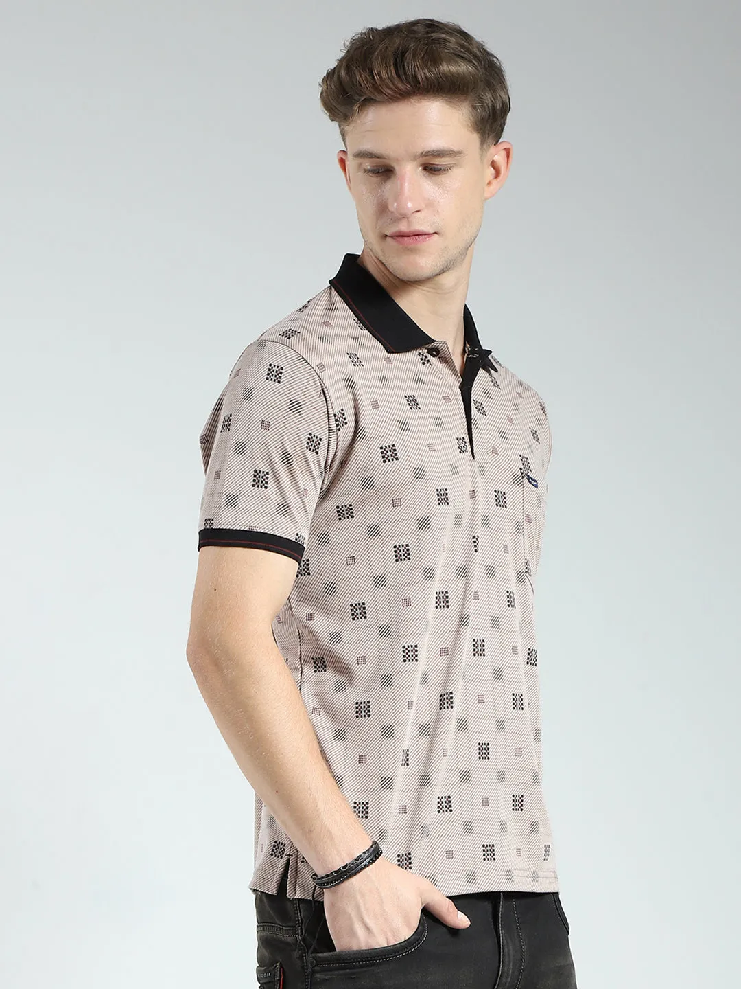 Men Beige Printed Collar Half Sleeve T-Shirt sold by Monte Carlo product image thumbnail 4