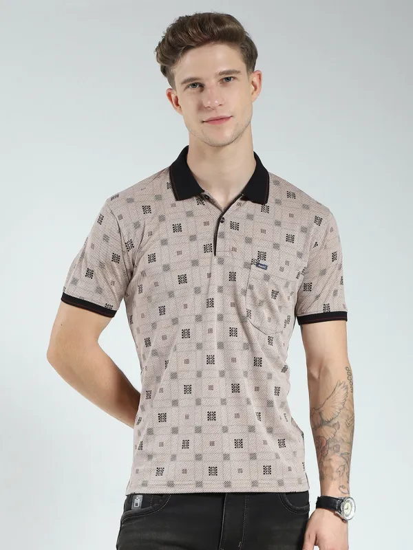 Men Beige Printed Collar Half Sleeve T-Shirt made by Monte Carlo