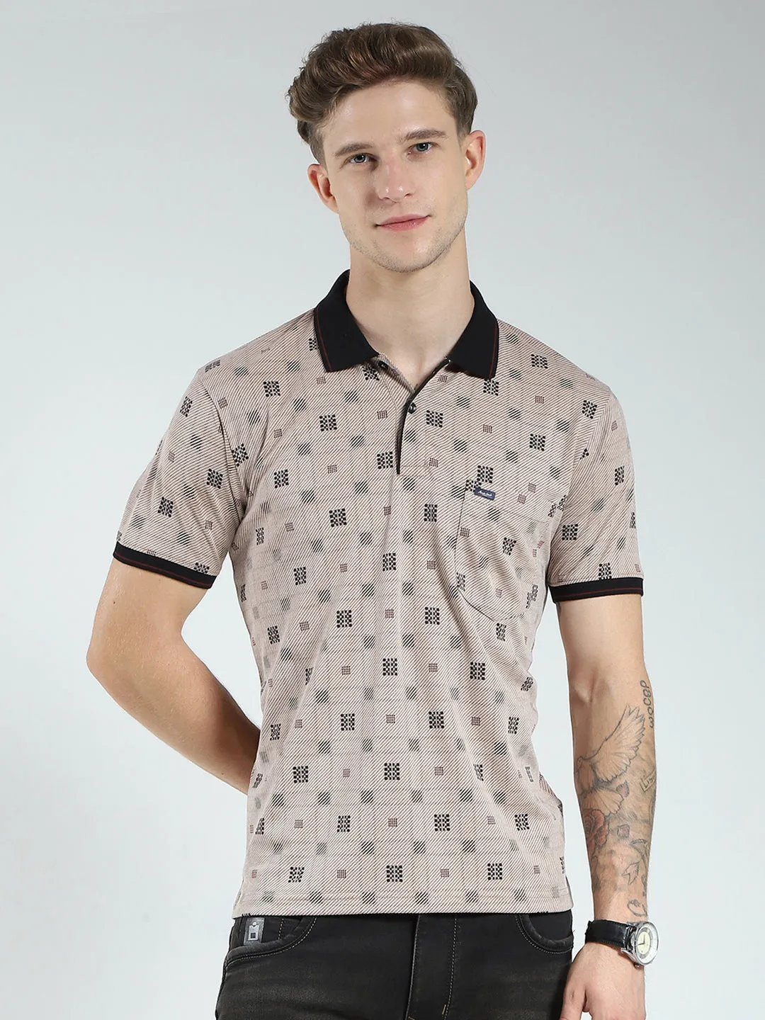 Men Beige Printed Collar Half Sleeve T-Shirt sold by Monte Carlo