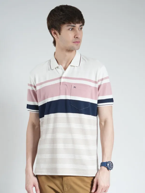 Men White & Pink Stripe Collar Half Sleeve T-Shirt made by Monte Carlo