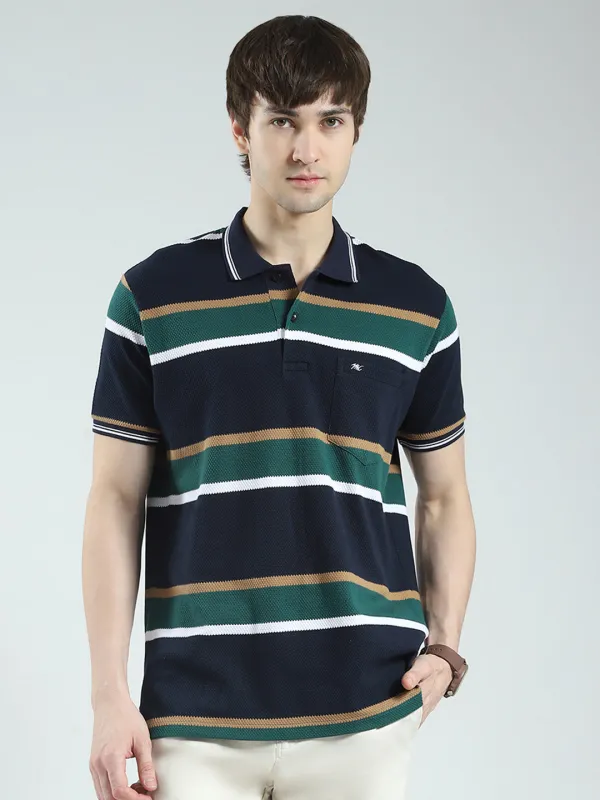 Men Navy Blue Stripe Collar Half Sleeve T-Shirt made by Monte Carlo