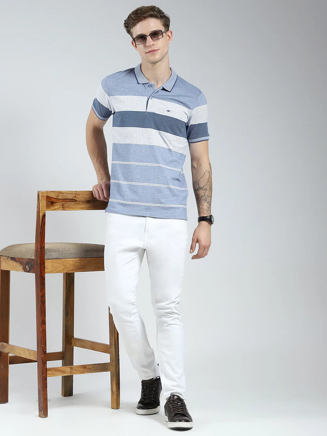 Men Blue Stripe Collar Half Sleeve T-Shirt sold by Monte Carlo product image thumbnail 2