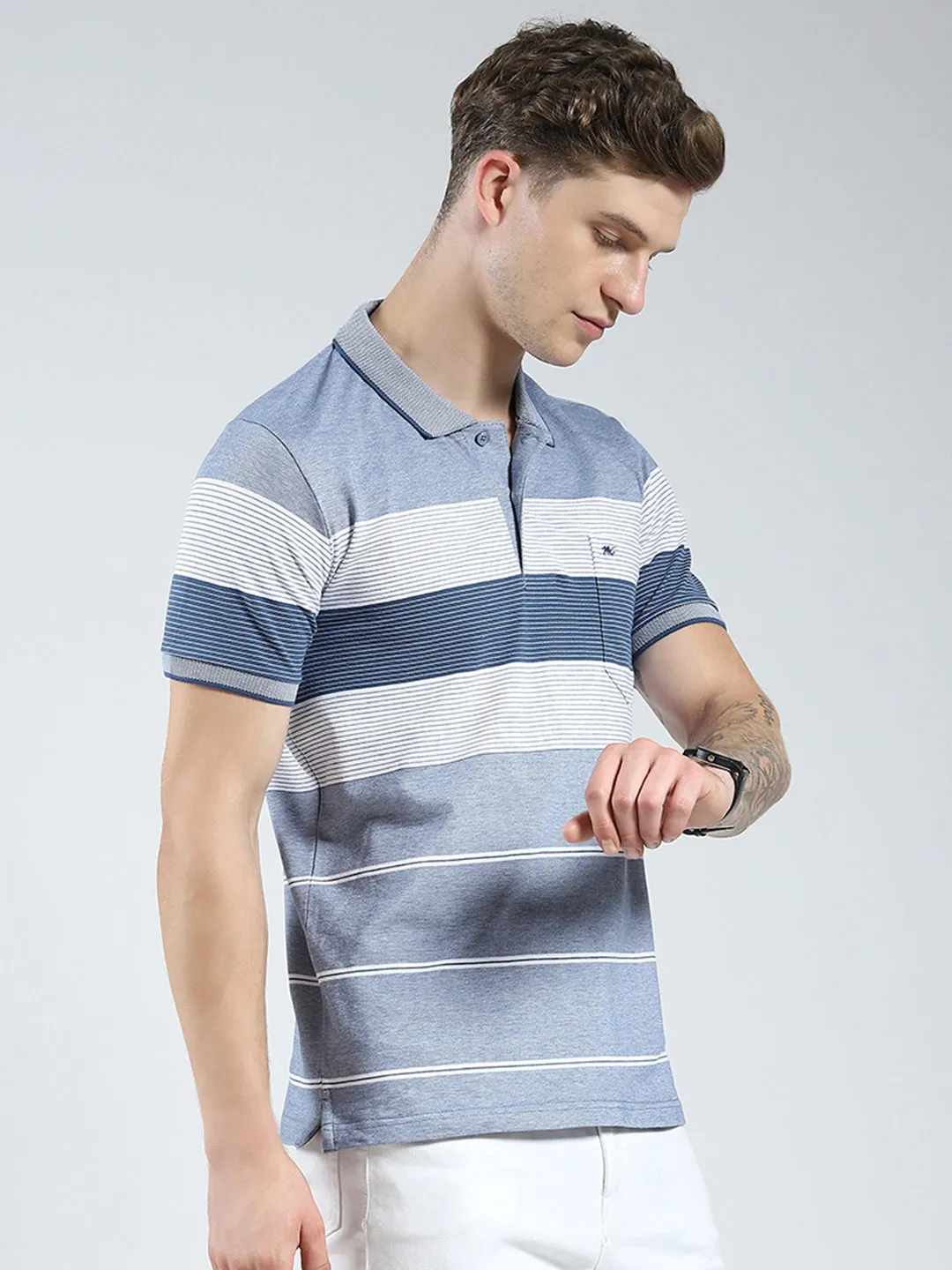 Men Blue Stripe Collar Half Sleeve T-Shirt sold by Monte Carlo product image thumbnail 4