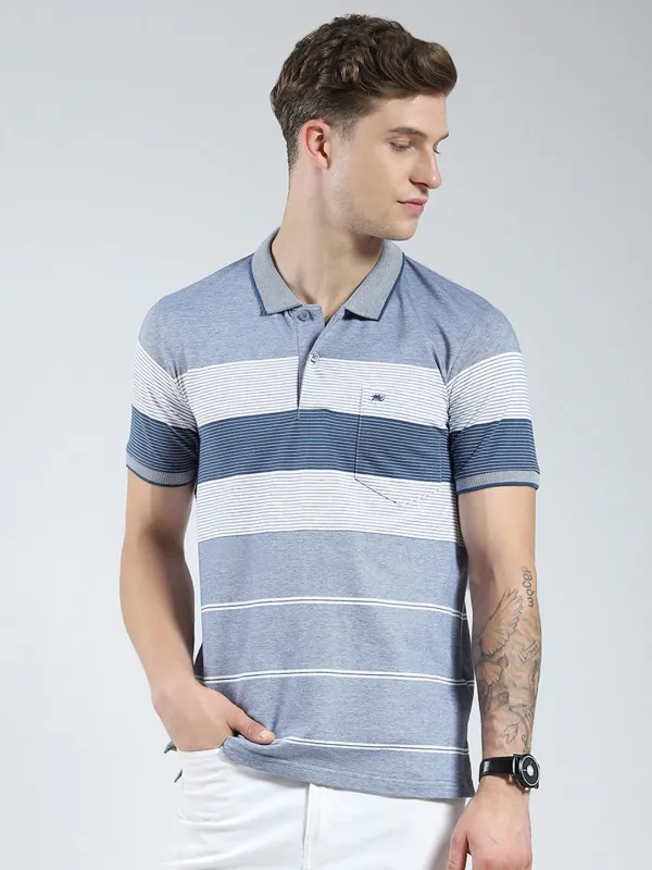 Men Blue Stripe Collar Half Sleeve T-Shirt made by Monte Carlo