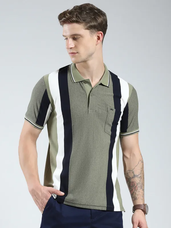 Men Green Stripe Collar Half Sleeve T-Shirt made by Monte Carlo