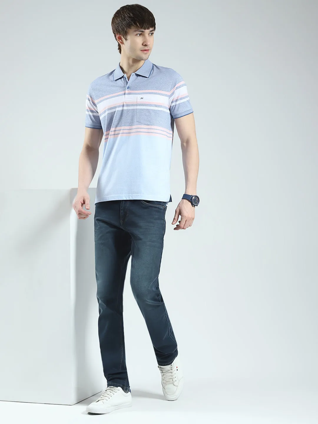 Men Blue Stripe Collar Half Sleeve T-Shirt sold by Monte Carlo product image thumbnail 2