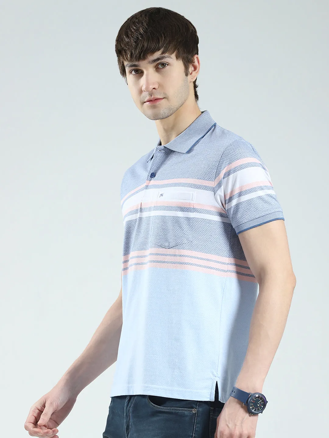 Men Blue Stripe Collar Half Sleeve T-Shirt sold by Monte Carlo product image thumbnail 3