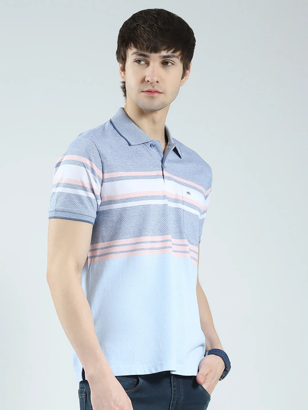 Men Blue Stripe Collar Half Sleeve T-Shirt sold by Monte Carlo product image thumbnail 4