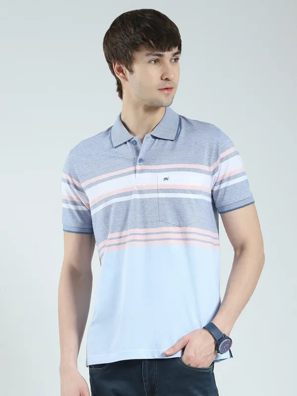 Men Blue Stripe Collar Half Sleeve T-Shirt made by Monte Carlo
