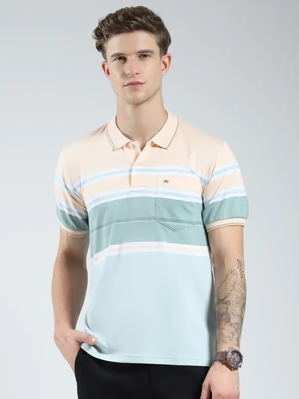 Men Peach Stripe Collar Half Sleeve T-Shirt made by Monte Carlo