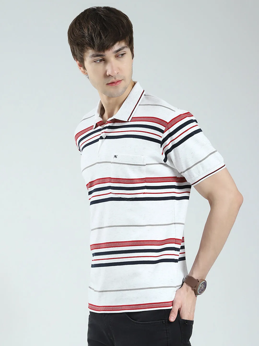 Men White Stripe Collar Half Sleeve T-Shirt sold by Monte Carlo product image thumbnail 3