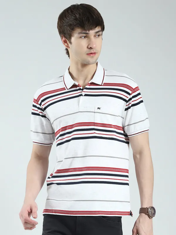 Men White Stripe Collar Half Sleeve T-Shirt made by Monte Carlo