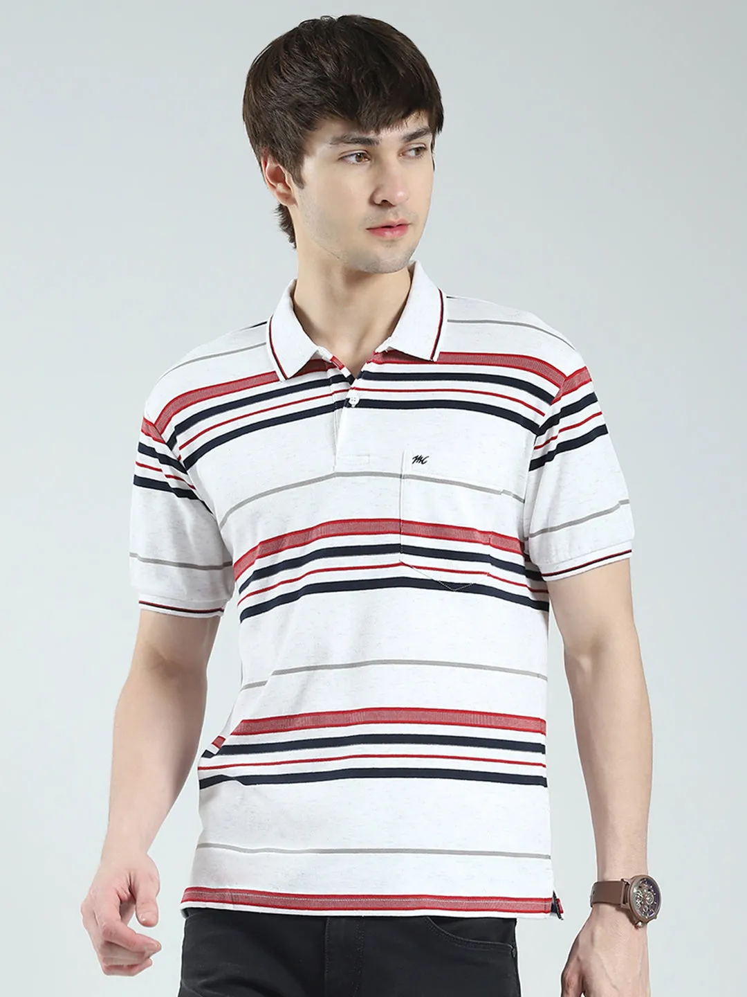 Men White Stripe Collar Half Sleeve T-Shirt sold by Monte Carlo