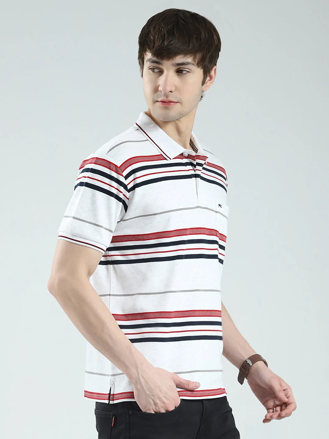 Men White Stripe Collar Half Sleeve T-Shirt sold by Monte Carlo product image thumbnail 4