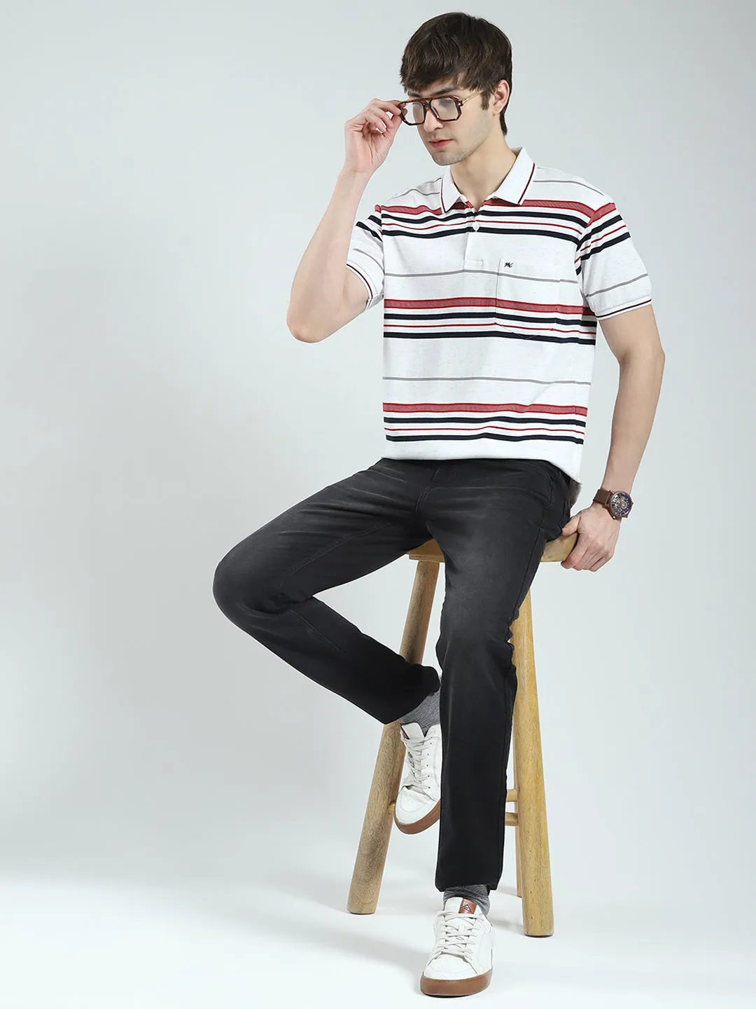 Men White Stripe Collar Half Sleeve T-Shirt sold by Monte Carlo product image thumbnail 2