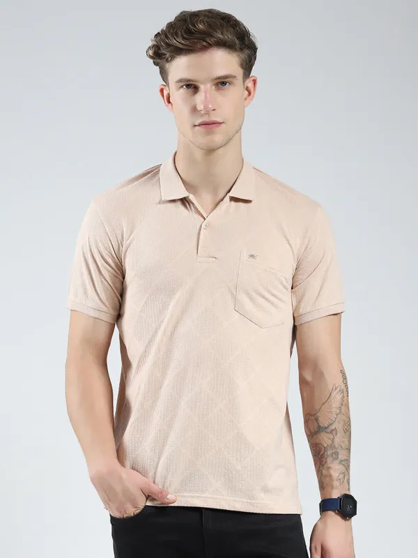 Men Beige Stripe Collar Half Sleeve T-Shirt made by Monte Carlo