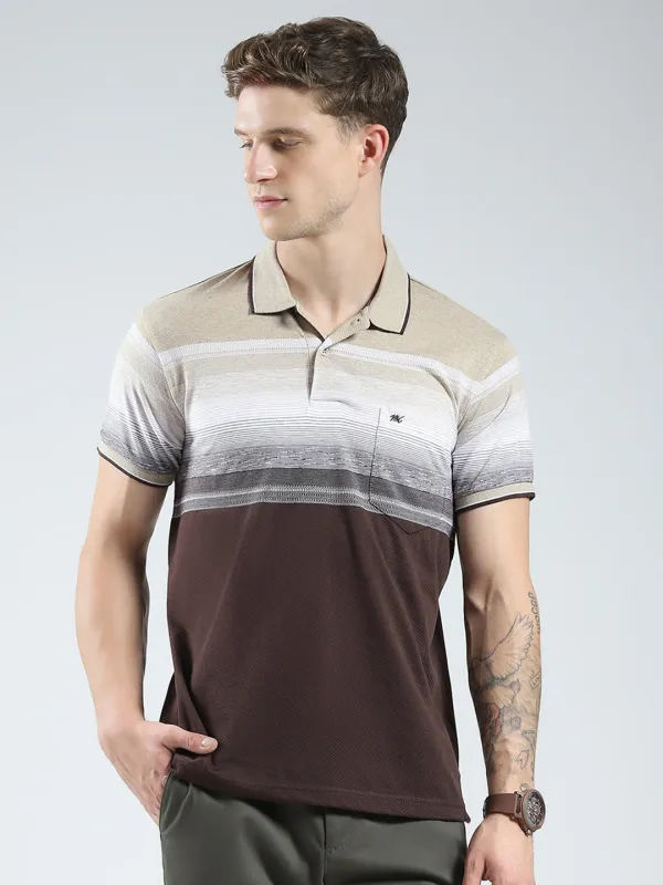 Men Brown Stripe Collar Half Sleeve T-Shirt made by Monte Carlo