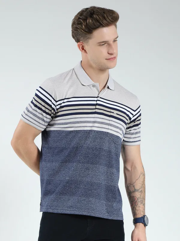 Men Blue Stripe Collar Half Sleeve T-Shirt made by Monte Carlo