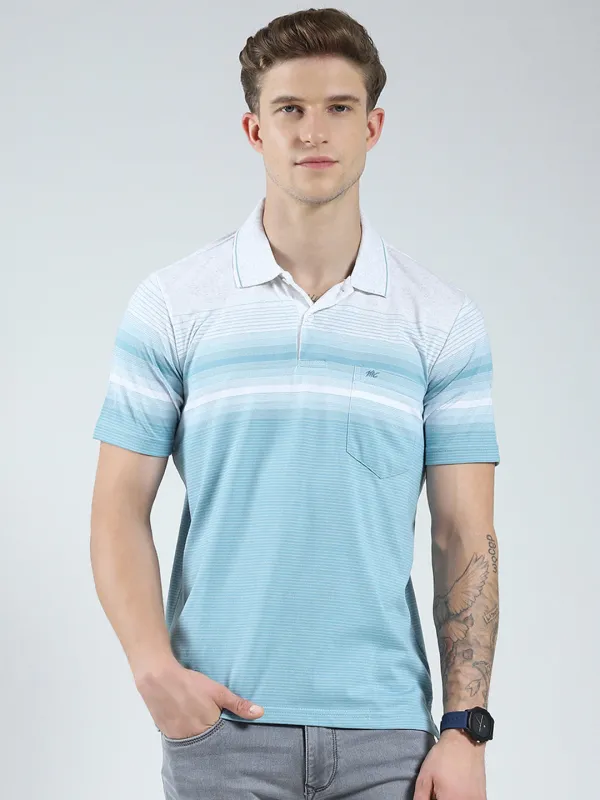 Men Blue Stripe Collar Half Sleeve T-Shirt made by Monte Carlo