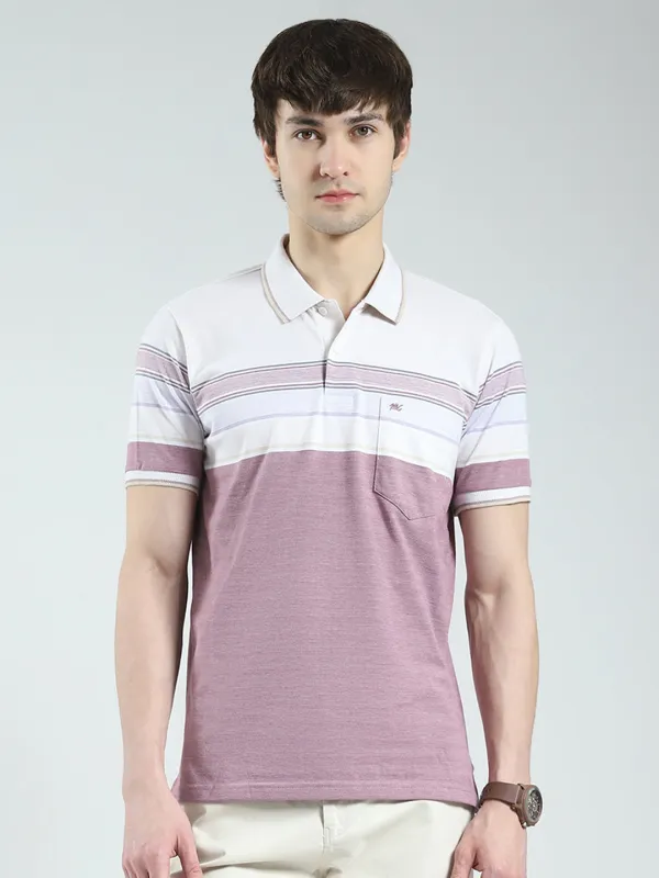 Men Purple Stripe Collar Half Sleeve T-Shirt made by Monte Carlo