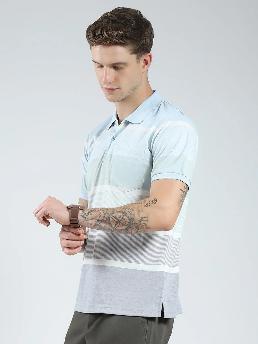 Men Blue Stripe Collar Half Sleeve T-Shirt sold by Monte Carlo product image thumbnail 3