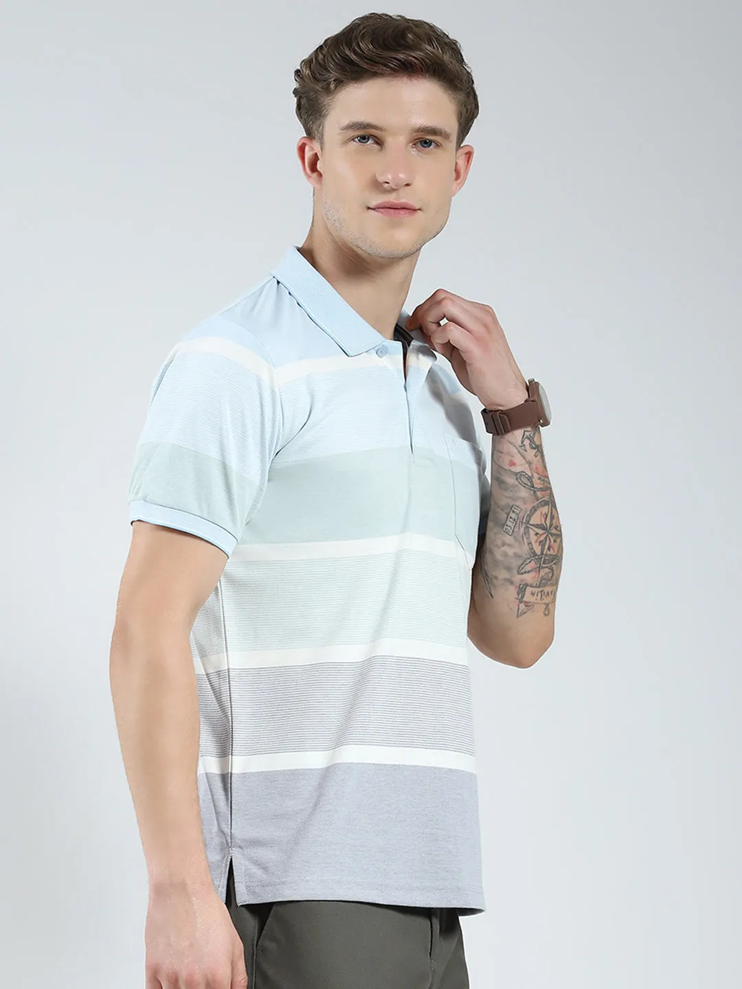 Men Blue Stripe Collar Half Sleeve T-Shirt sold by Monte Carlo product image thumbnail 4