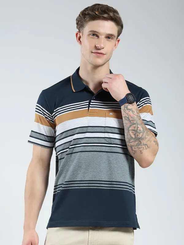 Men Green Stripe Collar Half Sleeve T-Shirt sold by Monte Carlo