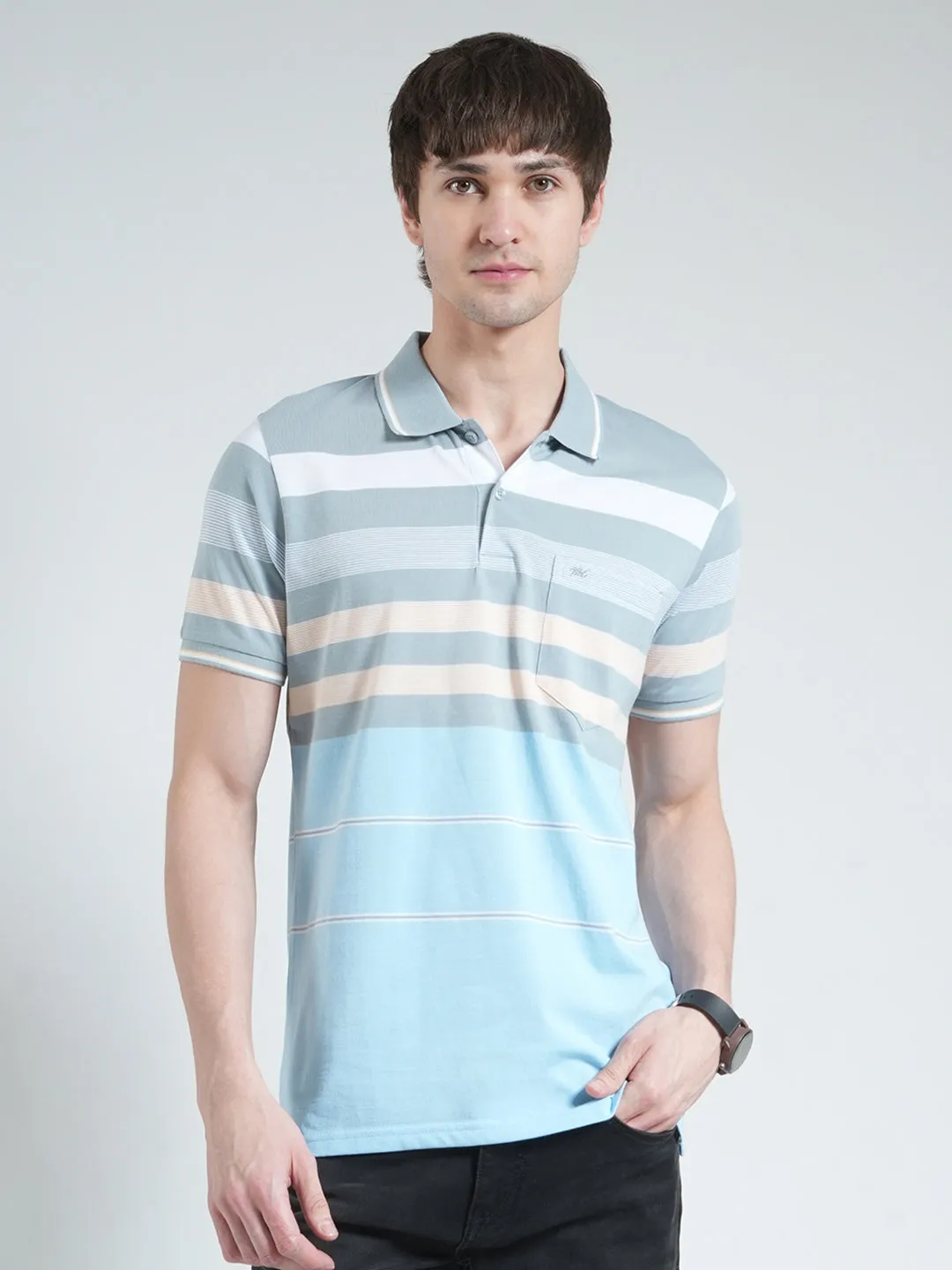 Men Blue Stripe Collar Half Sleeve T-Shirt sold by Monte Carlo