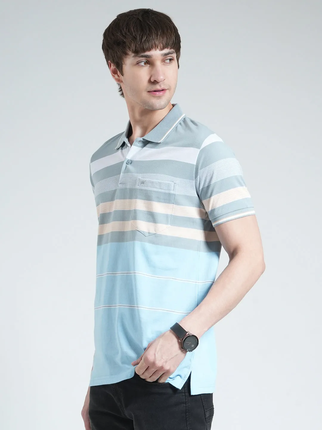 Men Blue Stripe Collar Half Sleeve T-Shirt sold by Monte Carlo product image thumbnail 3