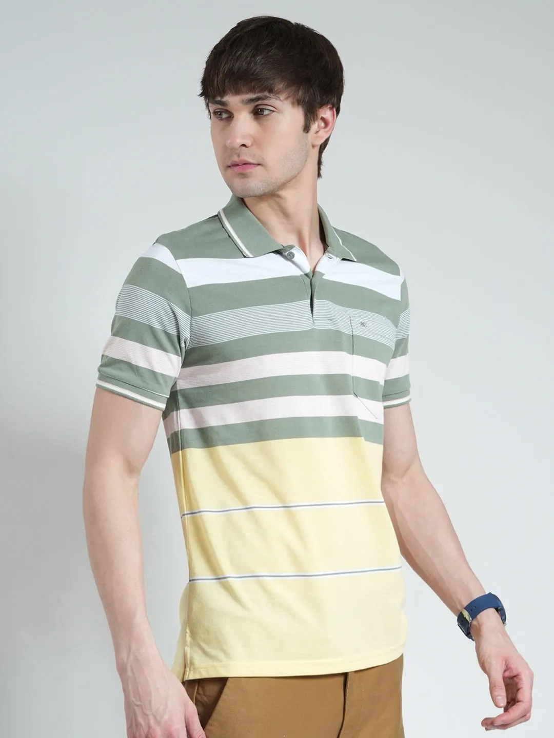 Men Green Stripe Collar Half Sleeve T-Shirt sold by Monte Carlo product image thumbnail 4