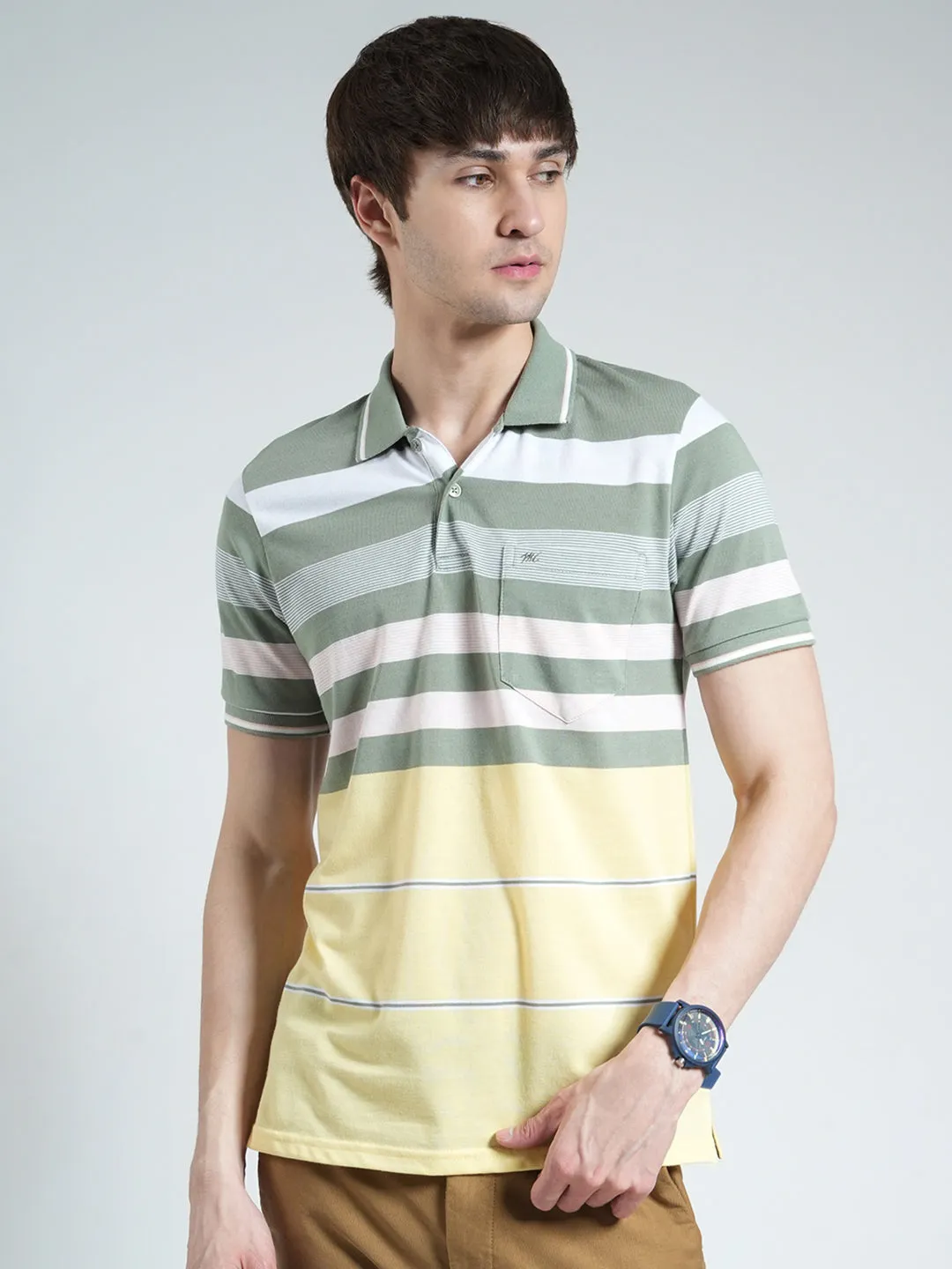 Men Green Stripe Collar Half Sleeve T-Shirt sold by Monte Carlo