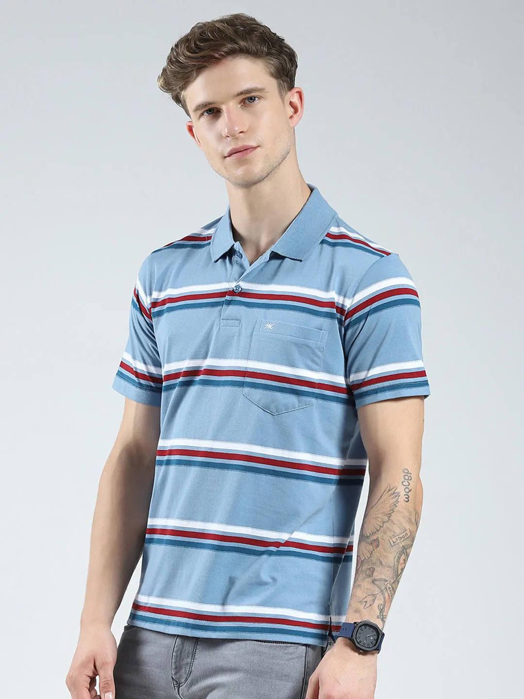 Men Blue Stripe Collar Half Sleeve T-Shirt sold by Monte Carlo product image thumbnail 3