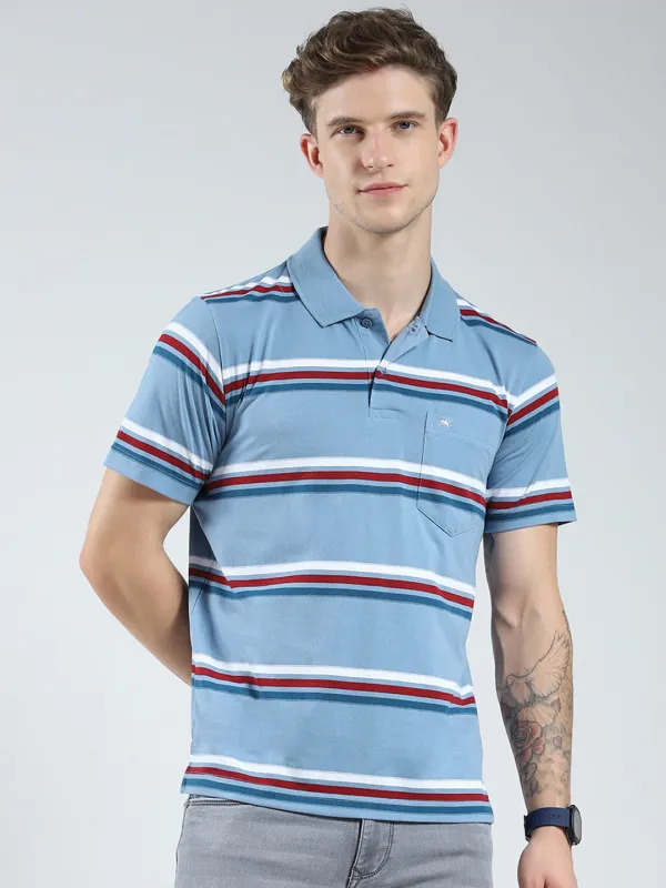 Men Blue Stripe Collar Half Sleeve T-Shirt made by Monte Carlo