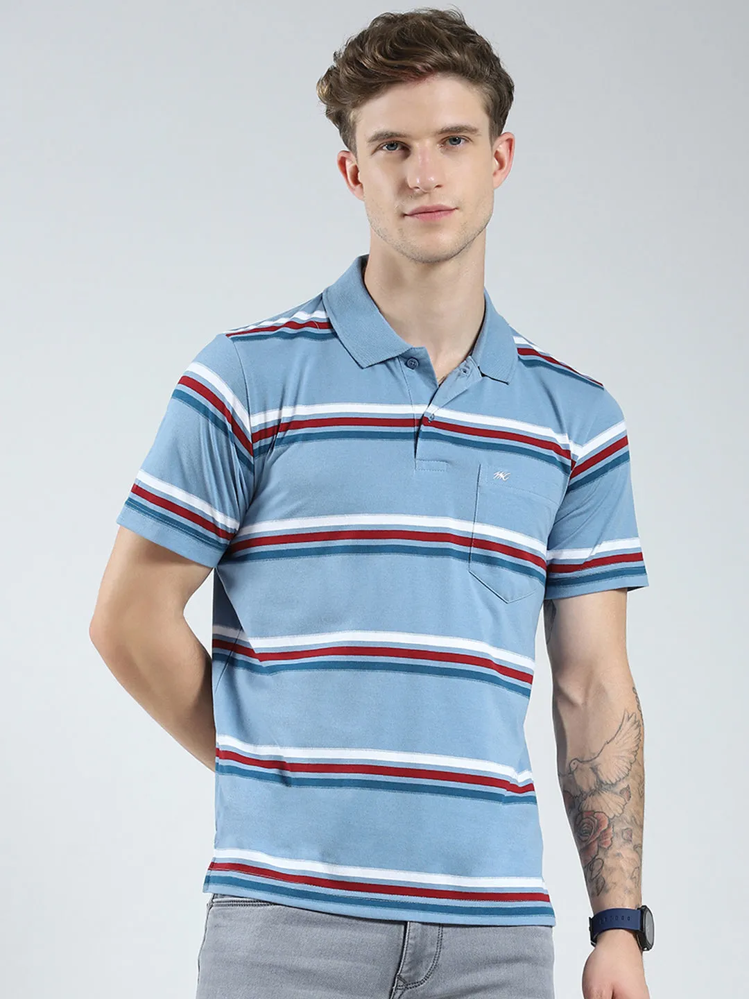 Men Blue Stripe Collar Half Sleeve T-Shirt sold by Monte Carlo