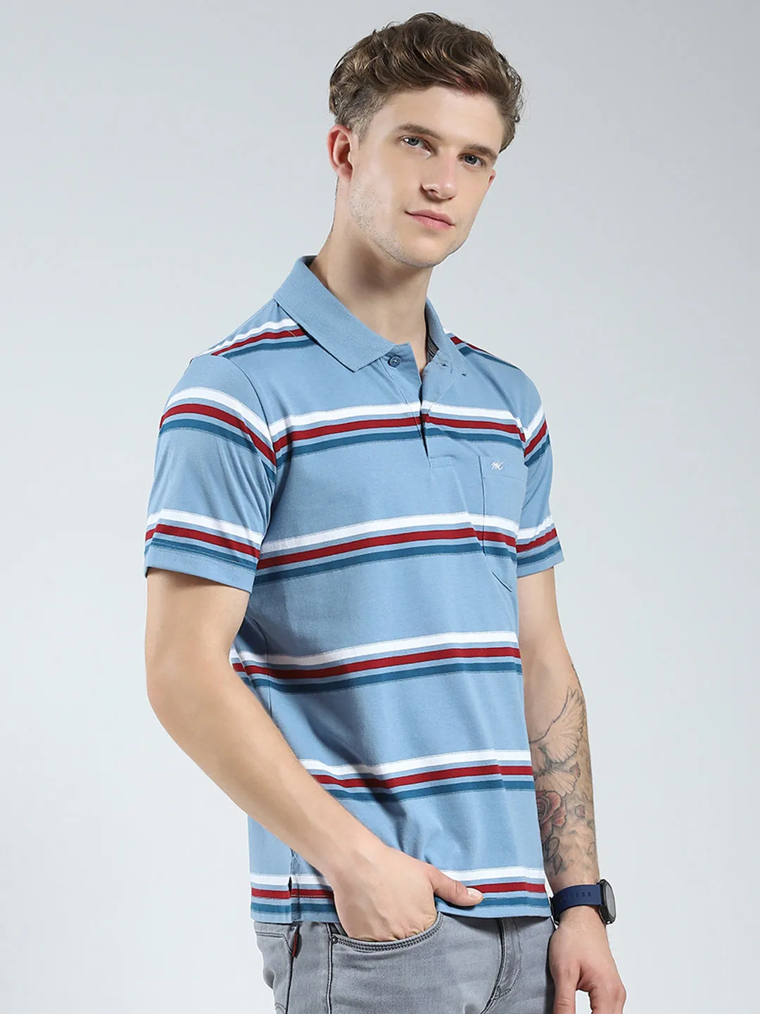 Men Blue Stripe Collar Half Sleeve T-Shirt sold by Monte Carlo product image thumbnail 4