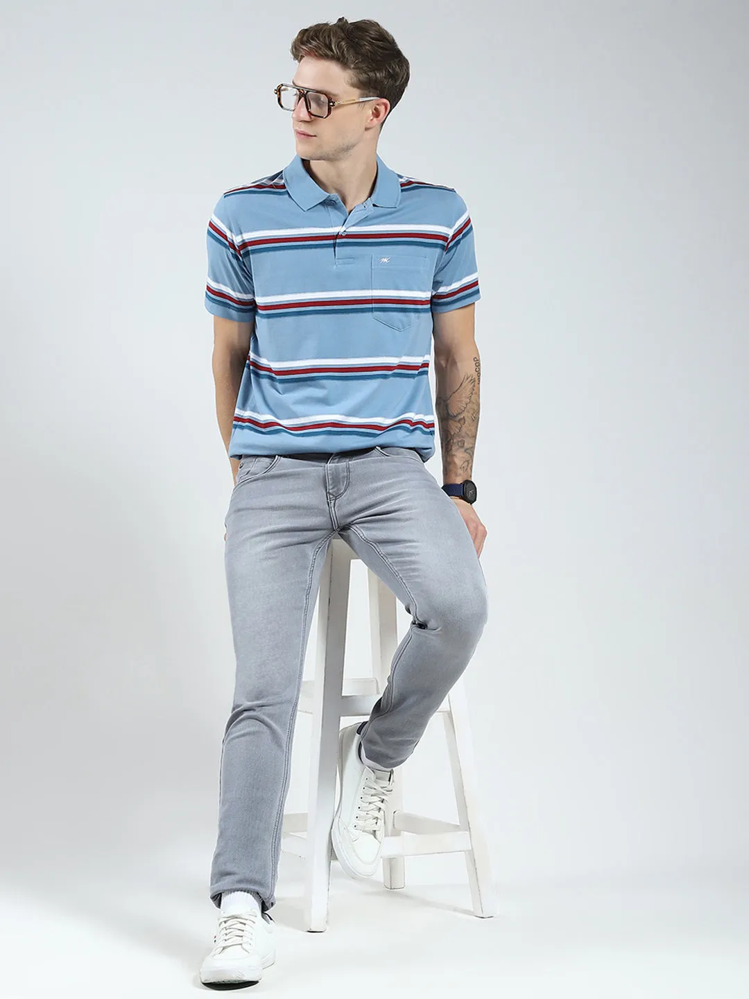 Men Blue Stripe Collar Half Sleeve T-Shirt sold by Monte Carlo product image thumbnail 2